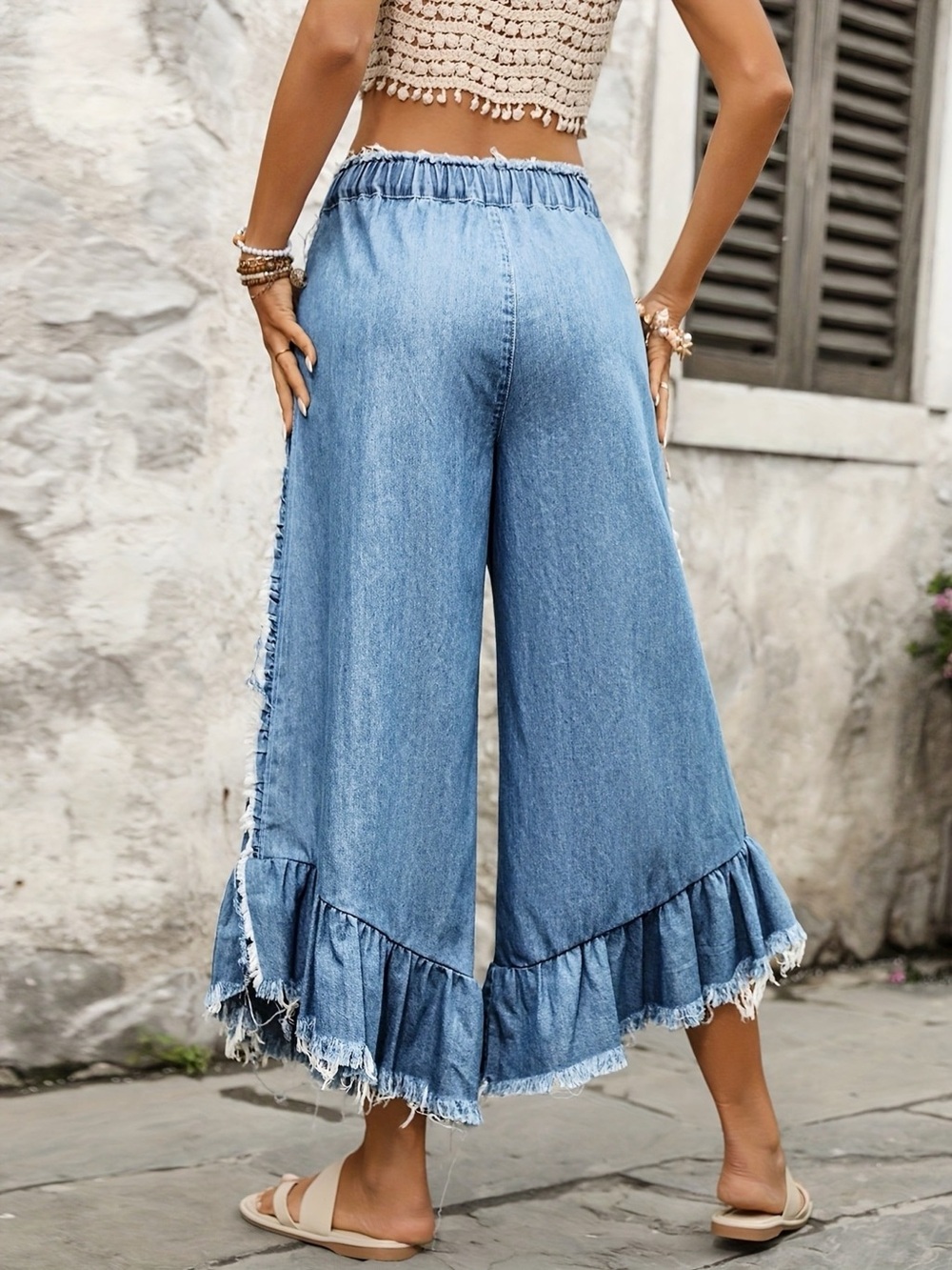 Drawstring Wide-Leg Ruffle Hem Jeans - Picture 4 of 5